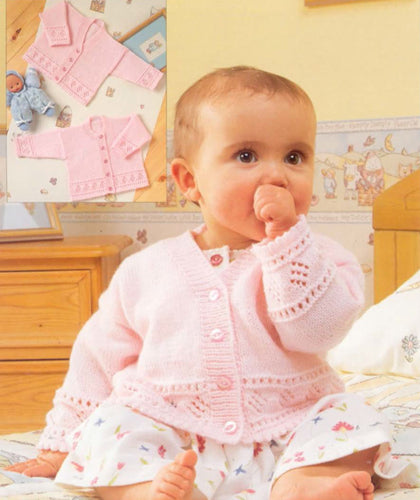 Baby Easy cardigan with Diamond Eyelet Border  V neck -Girls 4 Ply Light worsted wool 16-22