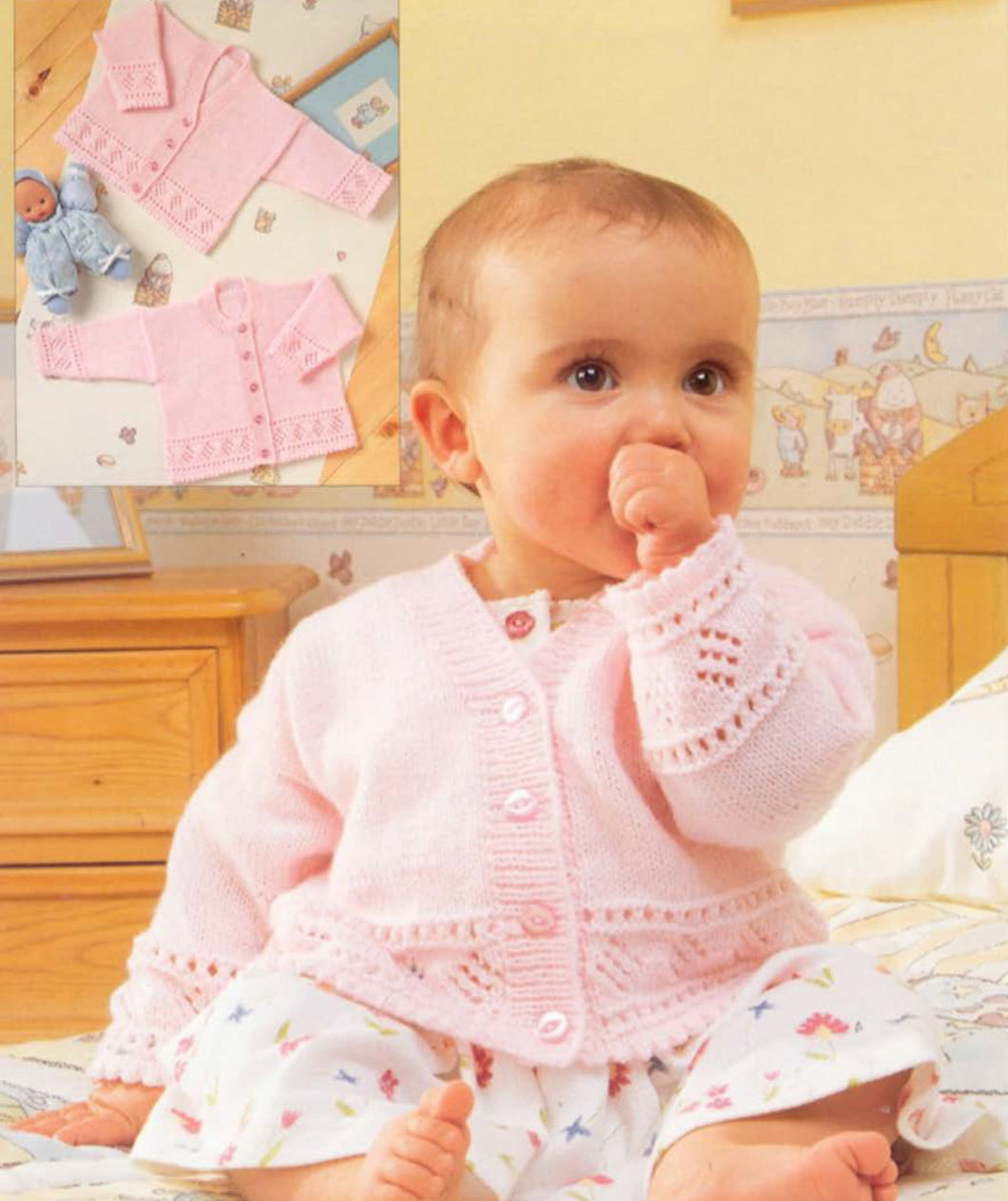 Baby Easy cardigan with Diamond Eyelet Border  V neck -Girls 4 Ply Light worsted wool 16-22