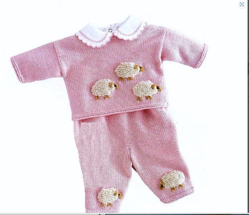 Baby Sheep Motif Sweater & Trousers Easy Girls Knit 0~ 9 Months DK (8ply) Knitting Pattern PDF Download