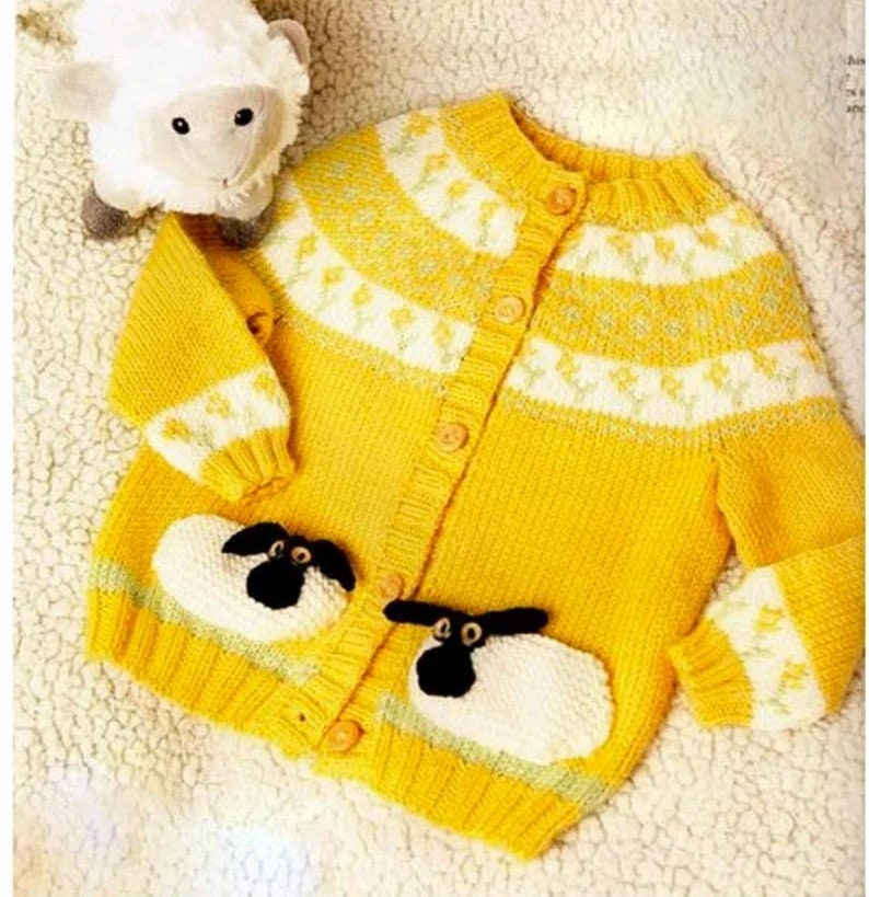 Boys Girls Little Sheep Motif Yoked Cardigan Fair Isle  sheepy Pockets - DK ( 8 ply ) 18 - 24
