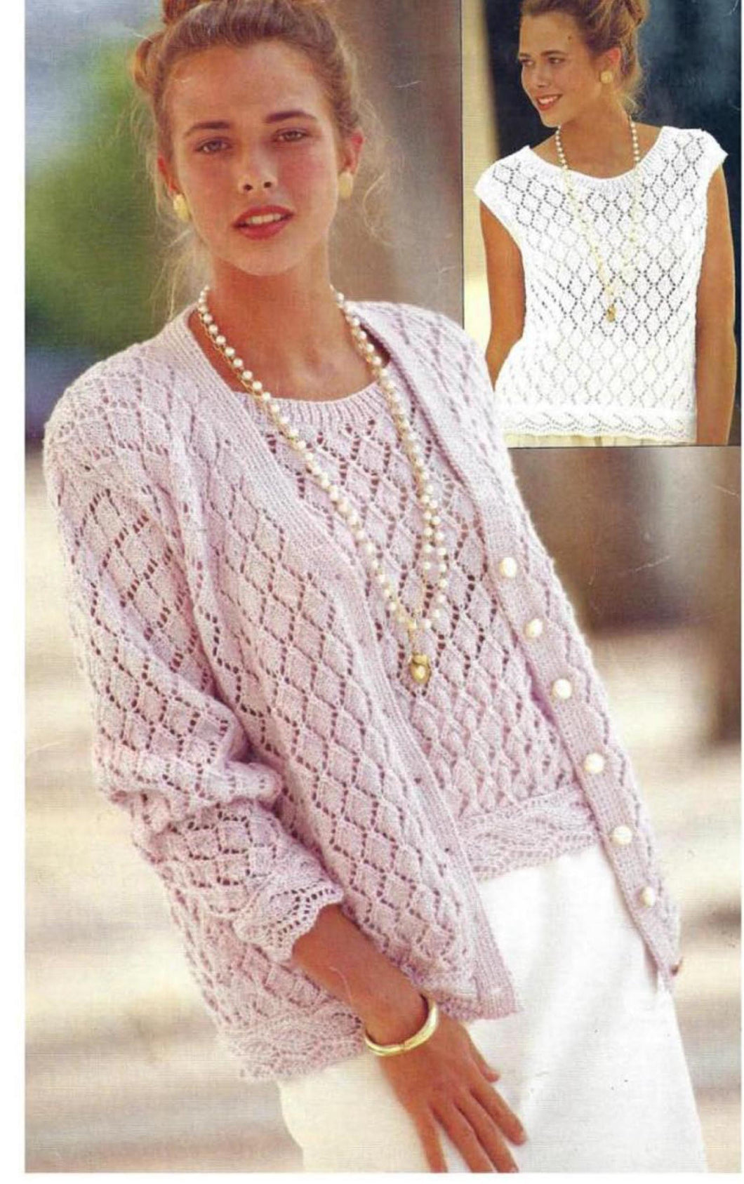 Womens round Neck Sleeveless Sweater Top & Cardigan- Twin set Lace pattern   34