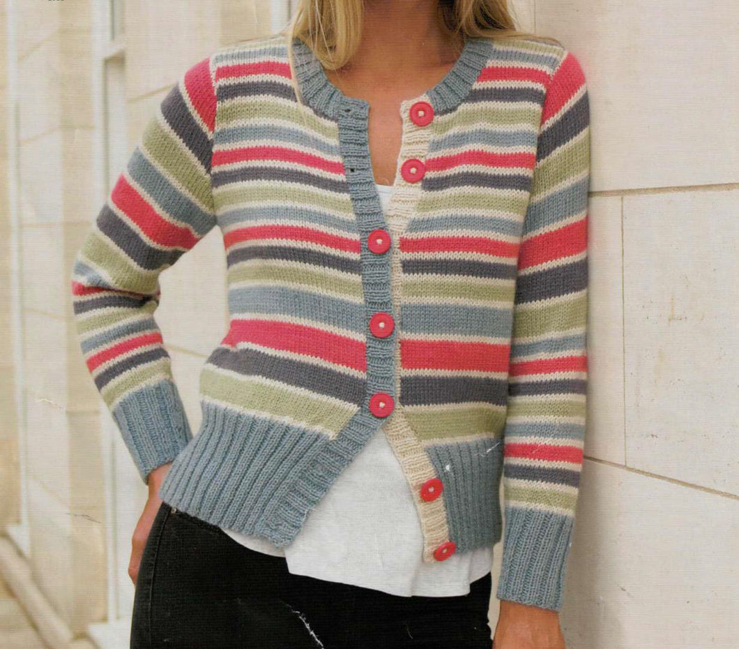 Woman's Easy Stripe Cardigan - round Neck & Tunic Sweater Jumper -Ribbed Waist- DK (8PLY) 32 - 46