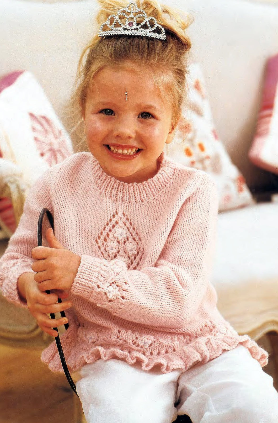 Girls Diamond & Eyelet Sweater Jumper  with Frill Bottom in DK ( 8 ply ) 18 - 26