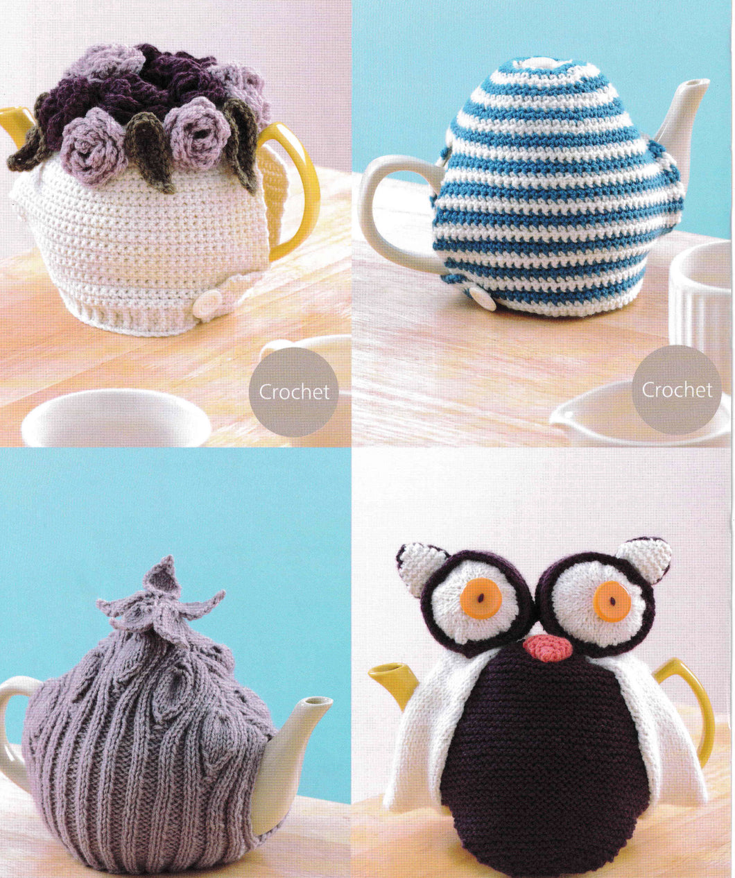 Crochet and Knitted Tea Cosy's - 4 Styles to knit and Crochet in DK 8 ply- Rosy -Stripe- Leaves & Novelty Owl- Knitting crochet download pdf