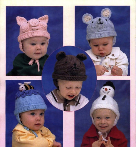 Baby Children's Novelty Crochet Hats 7 styles, Bee, mouse, pig, snowman, bear, turtle and ladybug -Worsted yarn Crochet pattern Download PDF