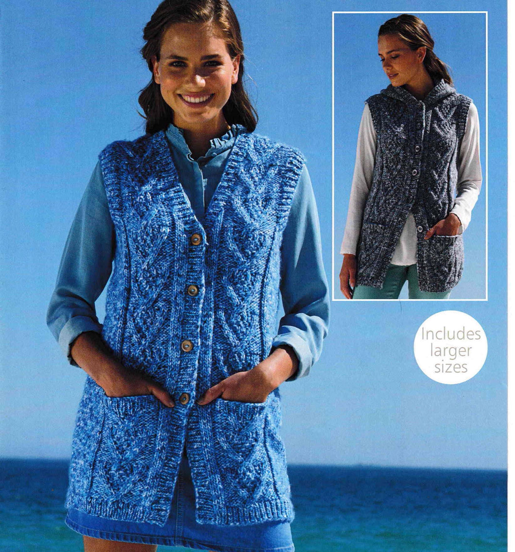 Woman's  V Neck & Hooded Waistcoat In Chunky Bulky Yarn- 32