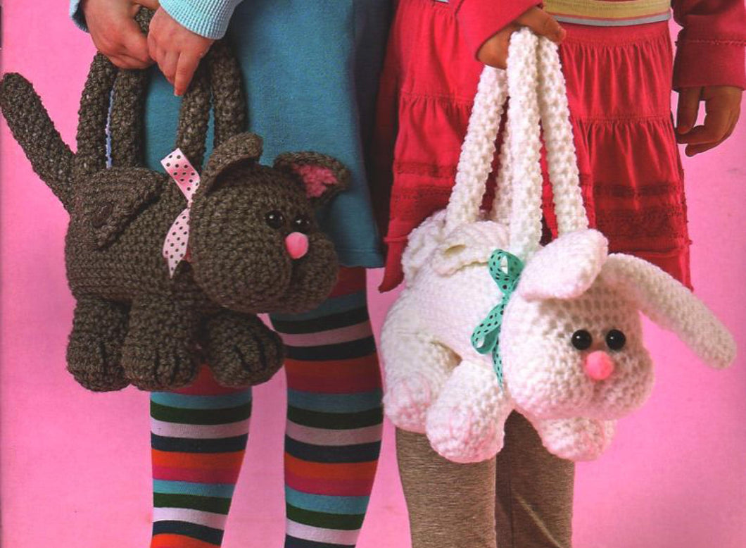 Crocheted Little Girls Bags- Purse- Rabbit-Kitten- Puppy-Piggy- Bear and Cow ~ Medium weight yarn Crochet Pattern PDF Download