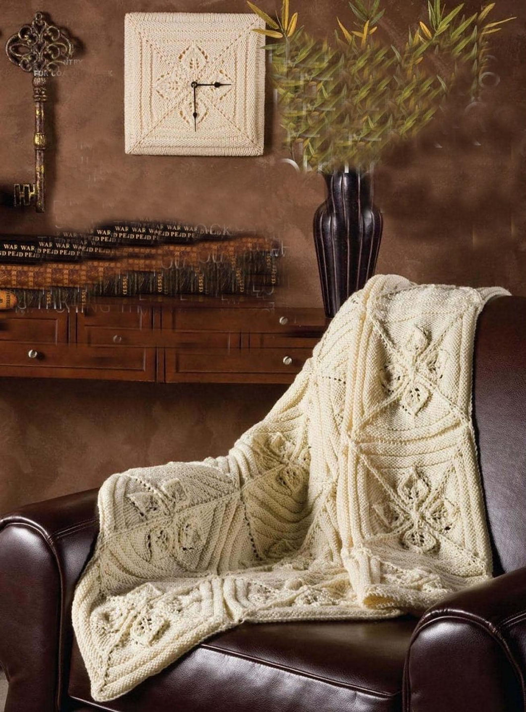 Unusual Knitted Clock & Blanket-Afghan in Worsted- Aran -10 Ply . Leaf Pattern PDF Knitting Pattern Download