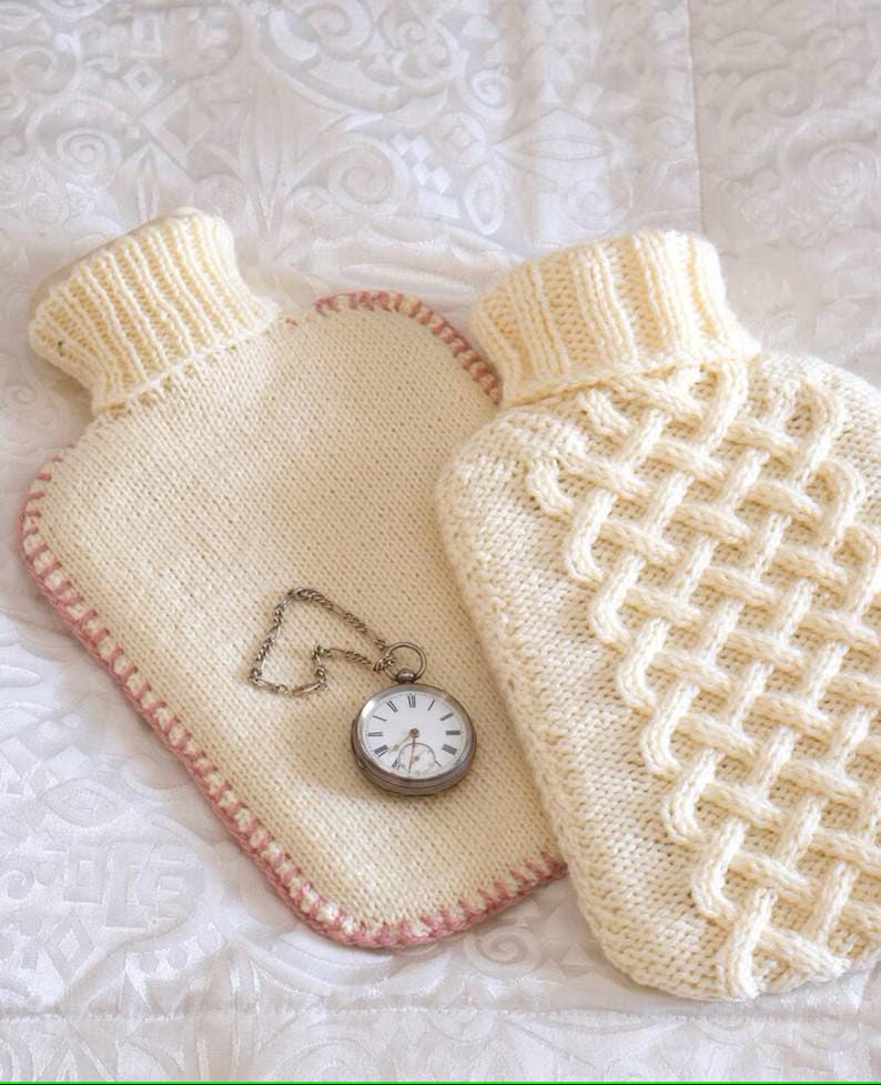 Hot water bottle covers- 2 designs on 1 pattern- Plain & Cable Chunky- Bulky wool- Knitting Pattern download PDF