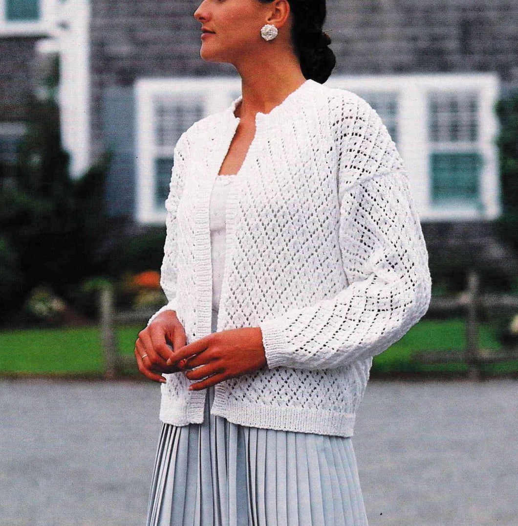 Womens long sleeved Lace Cardigan -Edge to edge and Fits 30 - 44 inches Knitting Pattern download PDF DK 8 ply Light worsted yarn needed