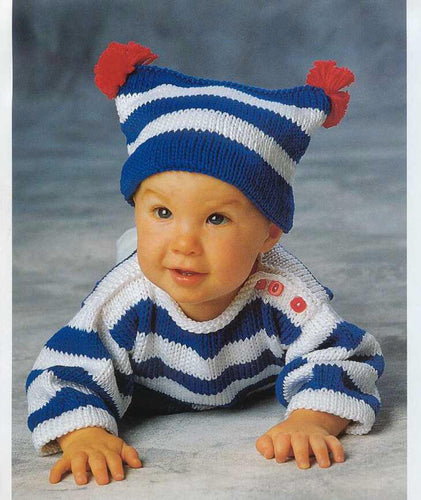 Baby Stripe round neck Sweater -button neck fastening & Stripe Hat-Worsted Aran 10 ply  yarn - 6 mths-2 yrs knitting pattern download PDF