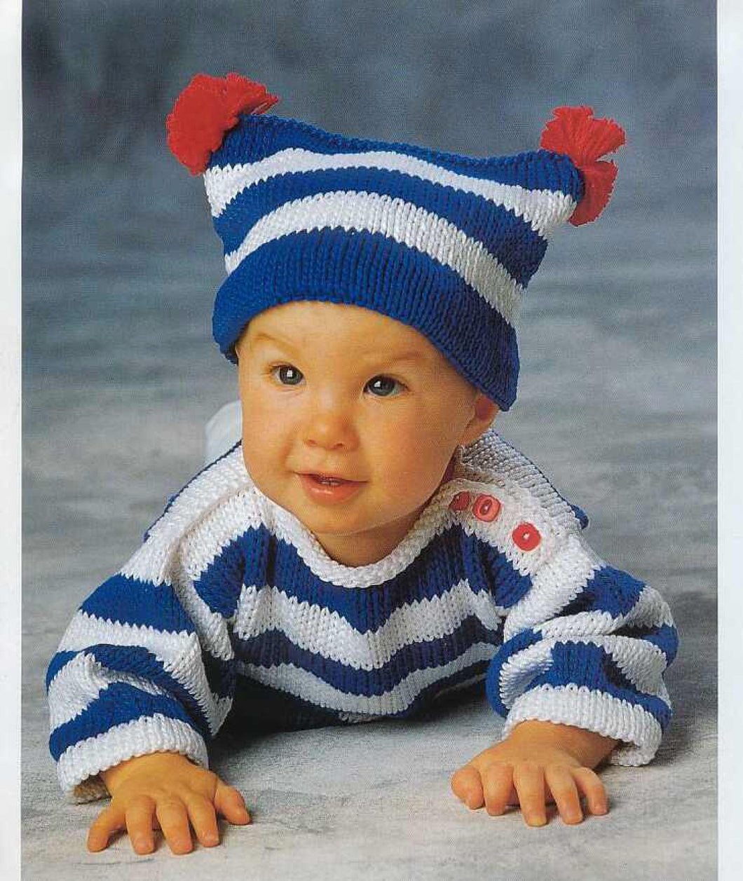 Baby Stripe round neck Sweater -button neck fastening & Stripe Hat-Worsted Aran 10 ply  yarn - 6 mths-2 yrs knitting pattern download PDF