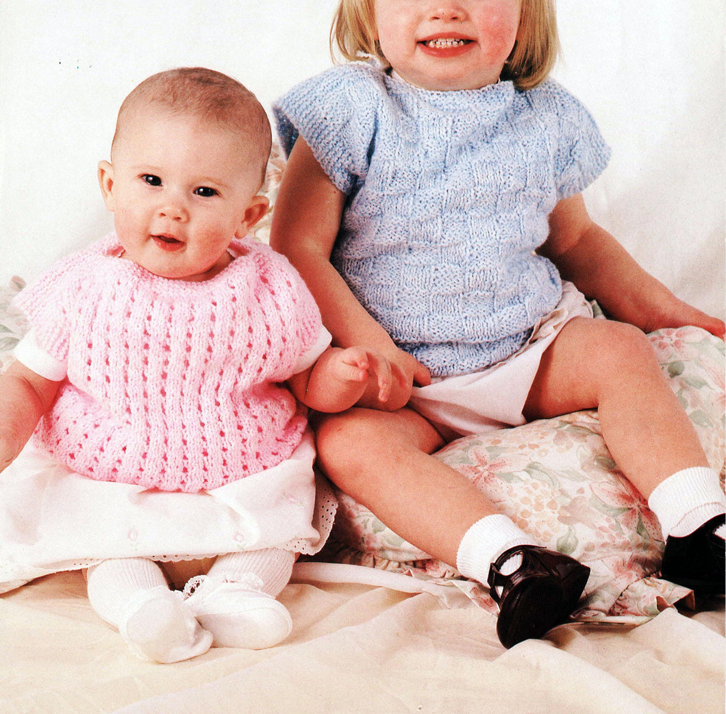 Girls Easy cap sleeved Slipovers- Chequered & lacy designs -Knitting pattern- 8 ply (DK) fits 20