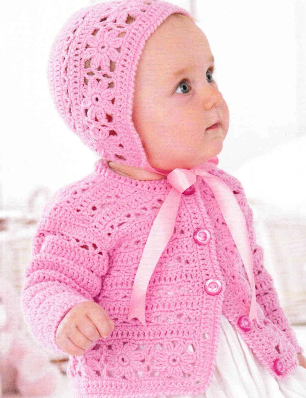 Baby Long sleeved Crochet Cardigan pattern and Hat in 4ply Fingering 16~ 26
