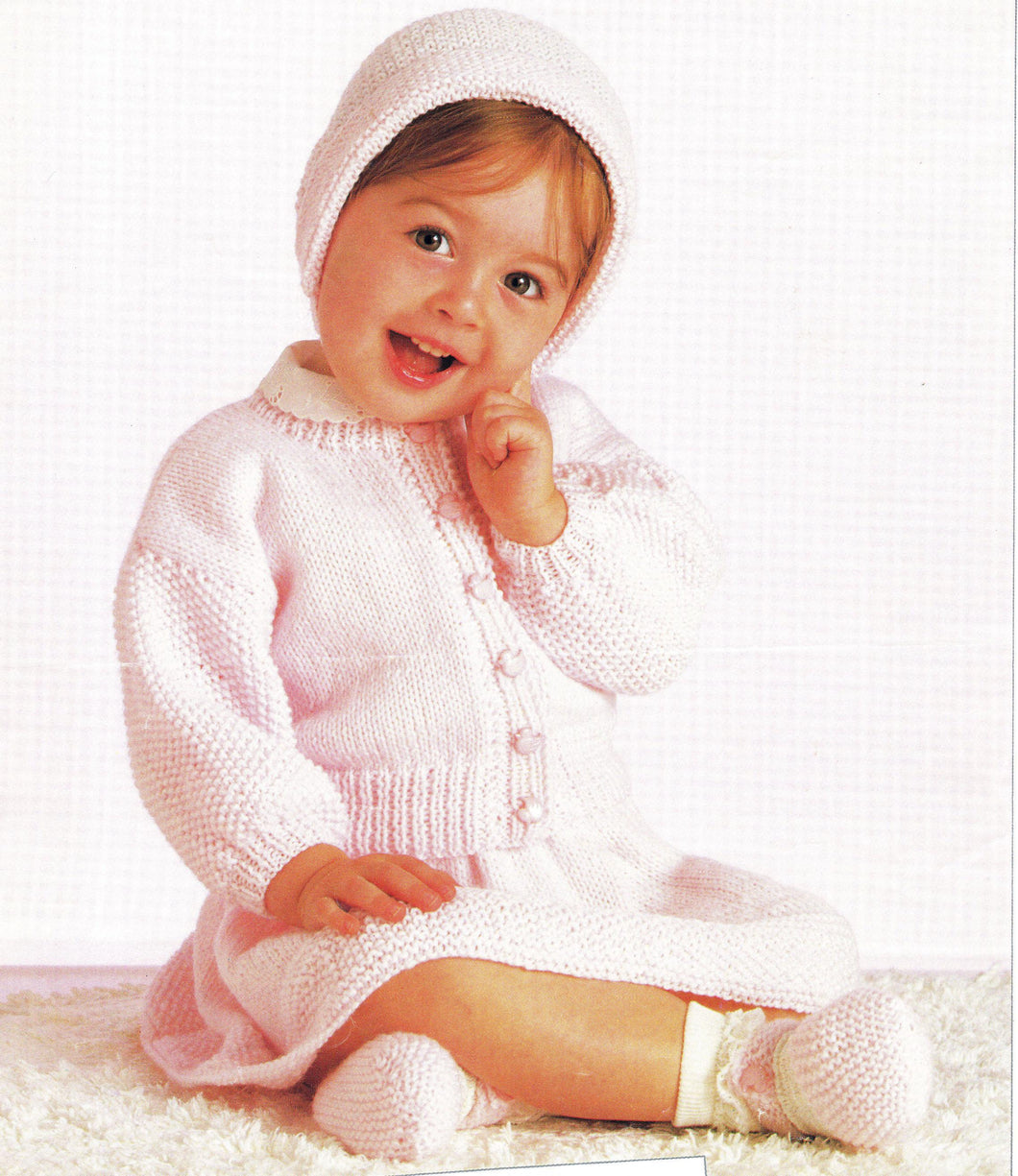 Girls Cardigan -Skirt- bonnet & Shoes DK 8ply versions Knitting pattern - fits 16 - 22