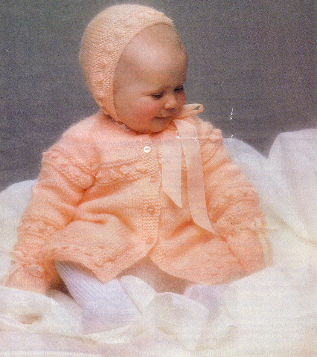 Baby Knitted Coat- Bonnet & Mitts  Knitting Pattern -DK-8ply(Light Worsted yarn) Instant Download-18-20