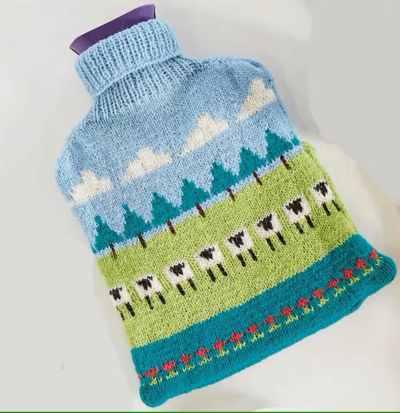 Hot Water Bottle Cover- Field of Sheep- 4ply Fingering Yarn Download- Knitting Pattern download PDF