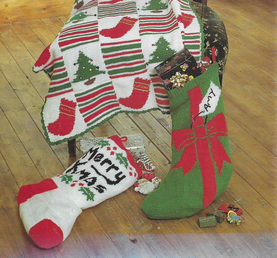 Crochet Christmas Afghan Blanket- Seasonal-Novelty-& 2 Knitted Xmas Stockings - DK 8 PLY Light worsted Knitting/Crochet Pattern download PDF
