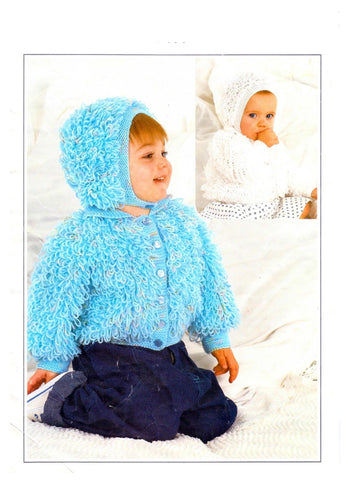 Baby  Loopy Cardigan-Hooded Jacket~ Cardigan with collar & Hat  to knit in DK 8Ply Light Worsted  Download PDF Knitting pattern 20-24