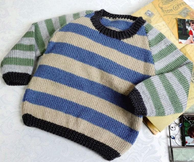 Easy Beginners round neck Stripe Sweater - Fits 55cm -75 cm chest DK 8 Ply Light Worsted -  Knitting Pattern pdf Digital Download Boys-Girls