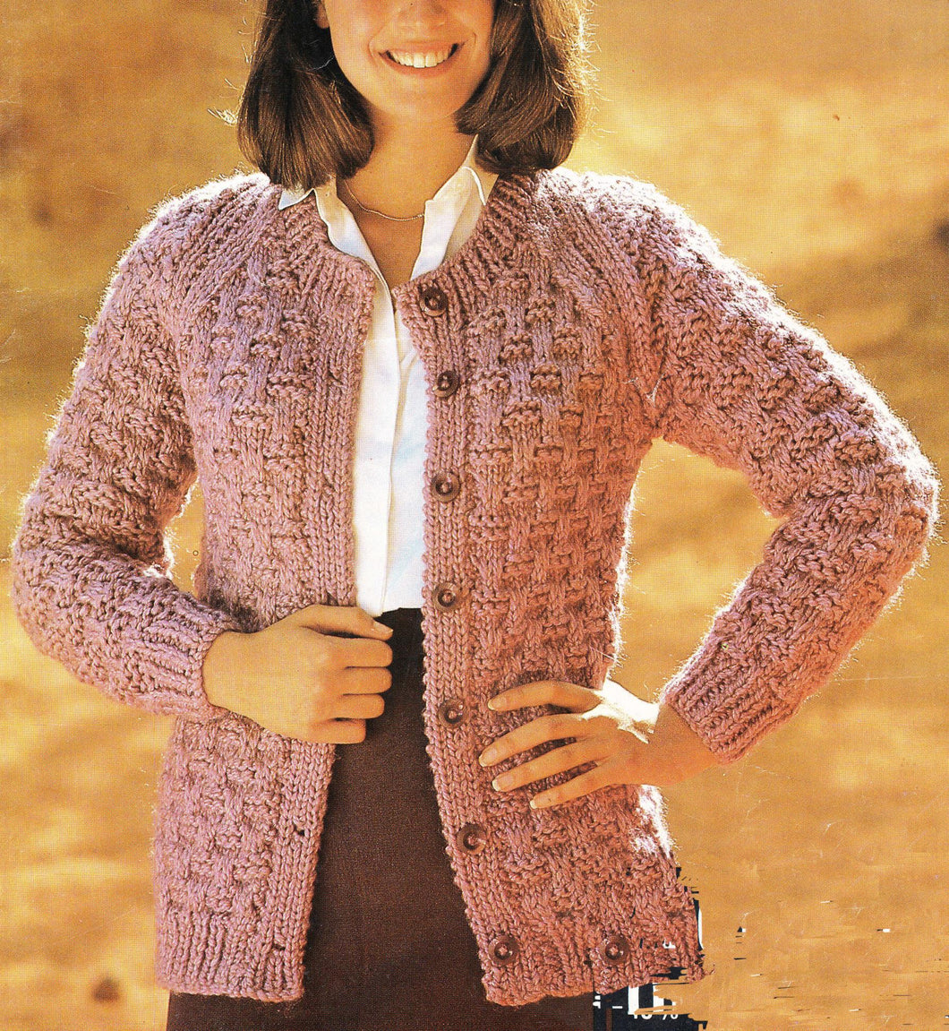 Woman's Crew Neck Long sleeved cardigan in Chunky Bulky Yarn- fits 34