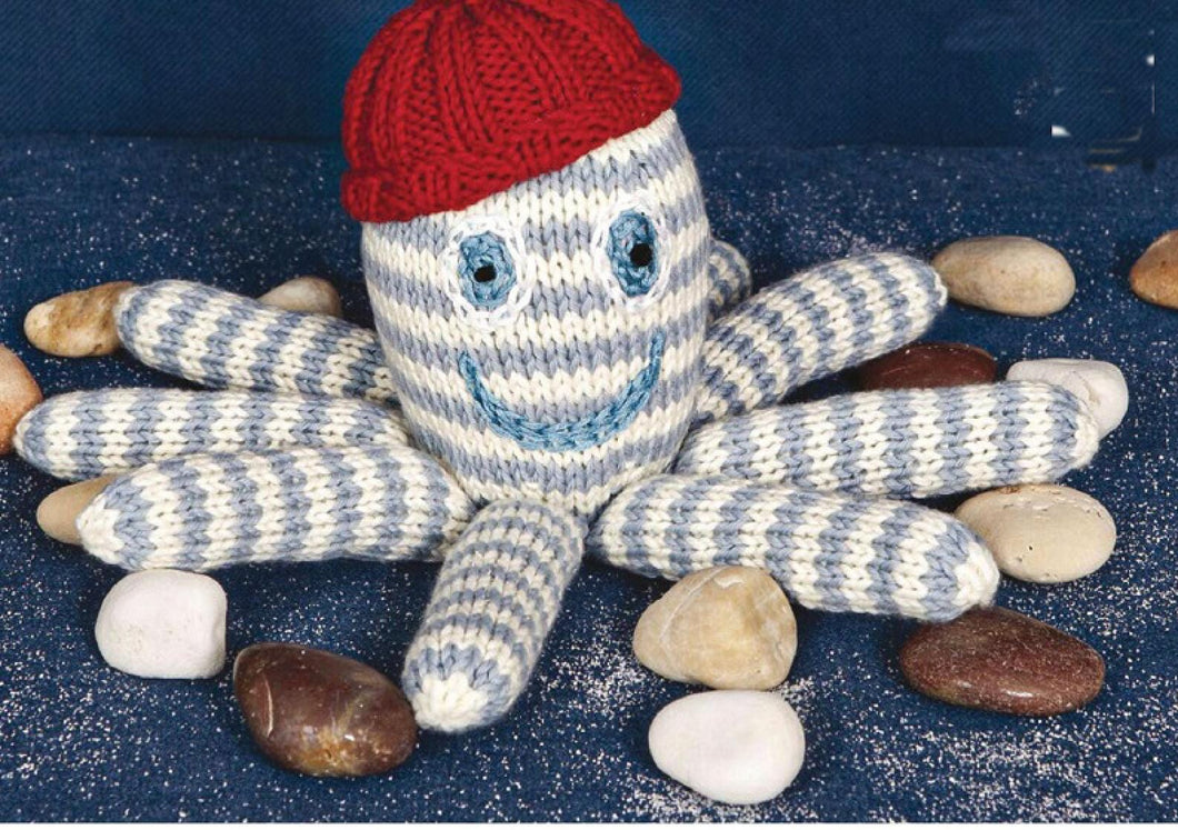 Mr Octopus Knitted Toy- novelty Knit in DK 8 ply Light worsted yarn- measures 12 x23 cm sitting. Knitting Pattern Download PDF