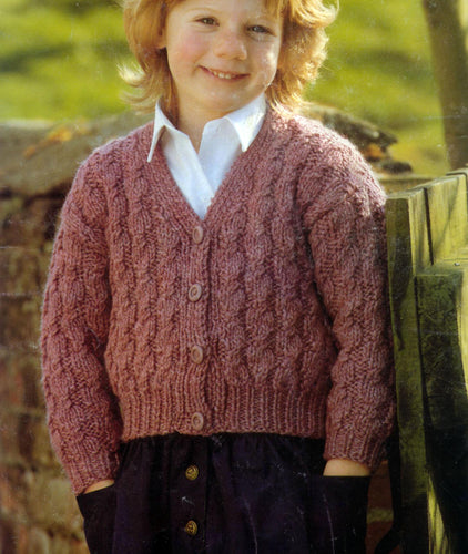 Child's Easy Cable Cardigan V neck - Boy- Girl- Knitting Pattern -Chunky Bulky 14 ply yarn Instant Download-22-34