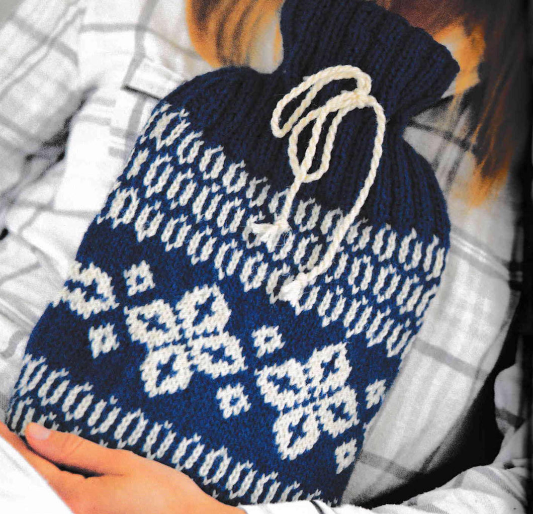 Hot Water Bottle Cover in a Christmas Snowflake  pattern- DK 8ply Light worsted wool Instant Download Knitting Pattern PDF