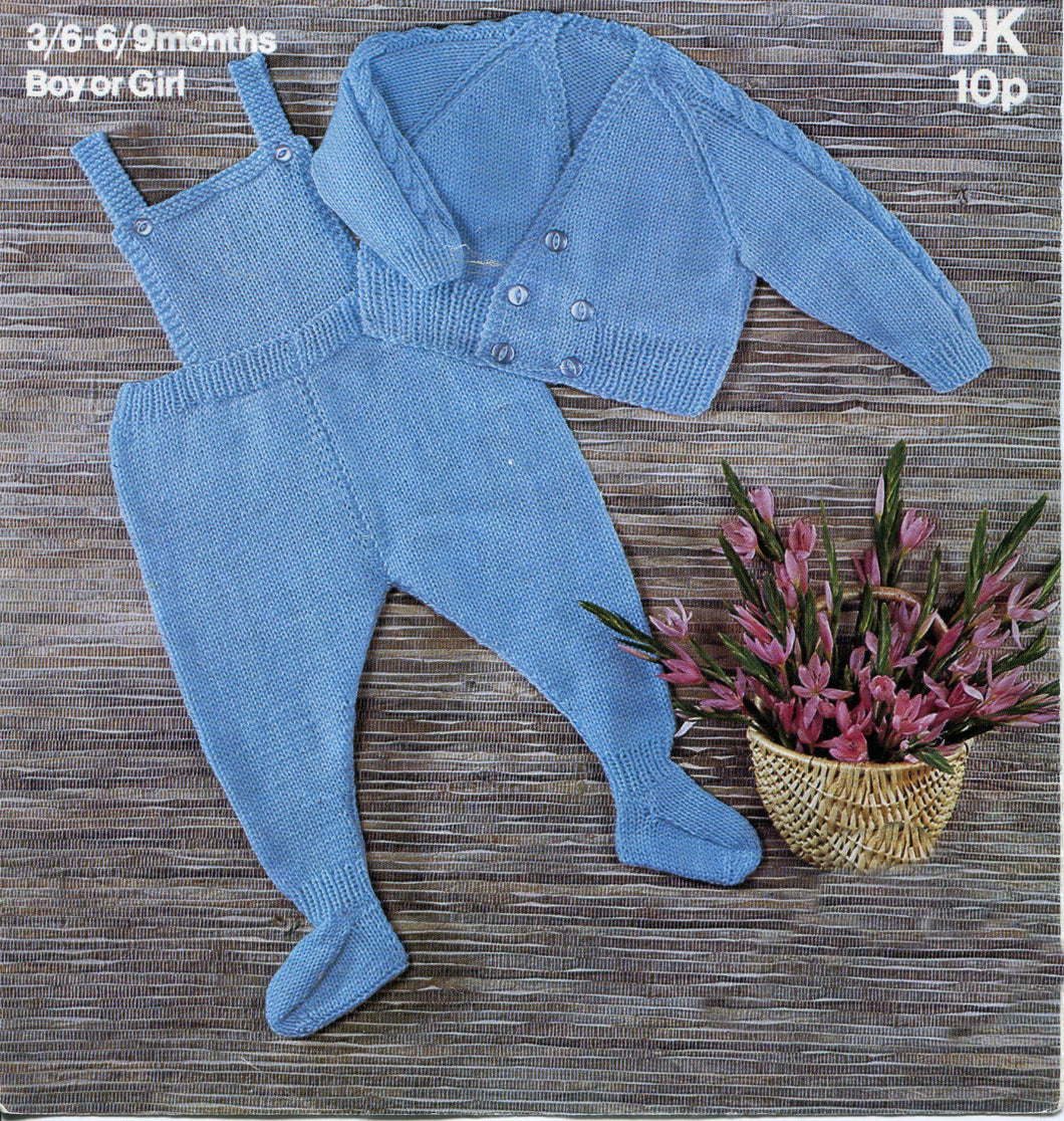 Boy's Girl's Knitted Dungarees & Double breast raglan Cardigan- Cable- 3-9 Months DK 8 PLY Light worsted- Knitting Pattern Download PDF