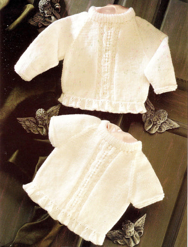 Baby Toddler Jumper, Raglan long short sleeved frilled Round neck, dk 8 ply Light worsted  Premature 14