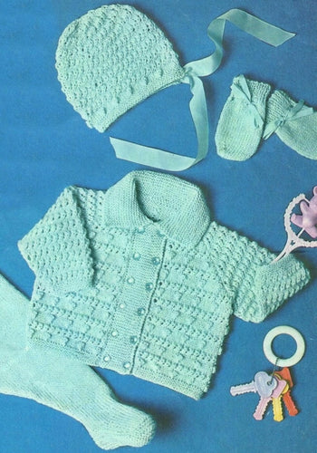 Baby Pram set- Bobbly jacket- Leggings- Mitts & Hat- Quick knit wool 18-19
