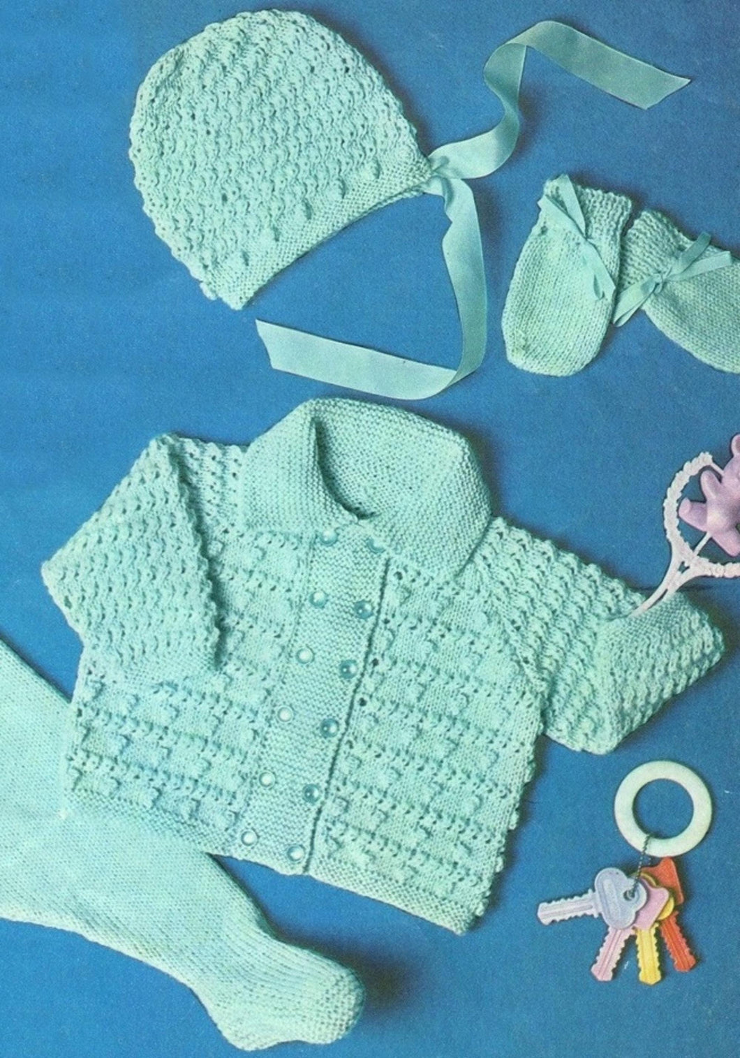 Baby Pram set- Bobbly jacket- Leggings- Mitts & Hat- Quick knit wool 18-19