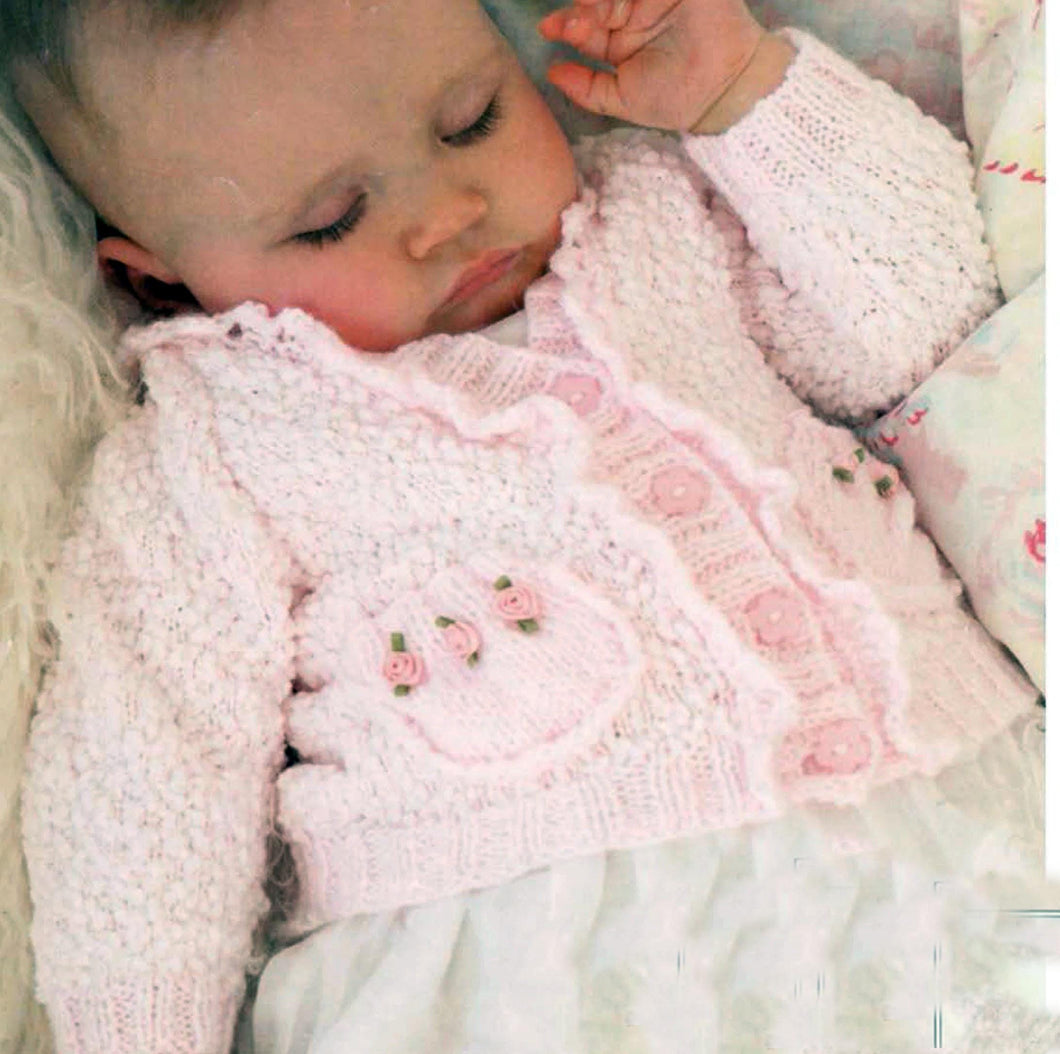 Baby Snuggly frilled rosebud Cardigan with Pockets & Hat  in snuggly DK 8Ply Light Worsted  Download PDF Knitting pattern 16 - 26
