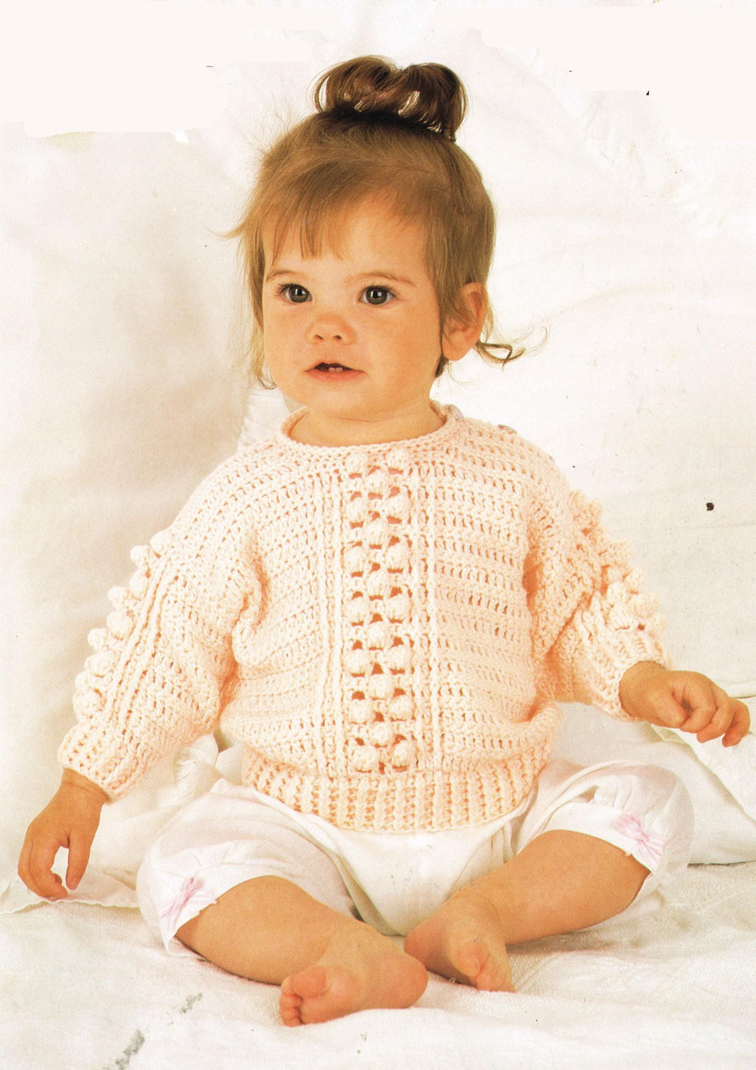 Girl's Bobble Panel Sweater Long sleeves, button shoulder  in DK 8Ply Light worsted wool 18