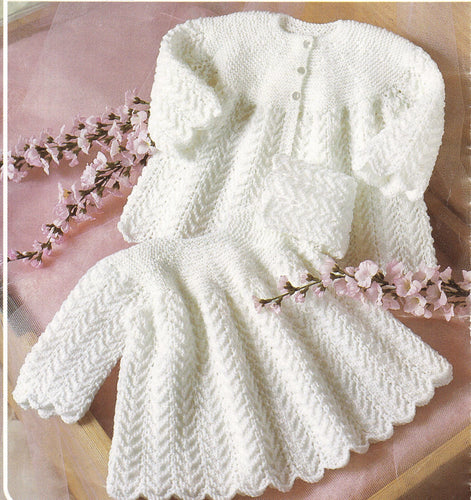 Baby Girl Yoked Dress & Cardigan wavy borders- 4 Ply -DK 8ply versions Knitting pattern - fits 16 - 20