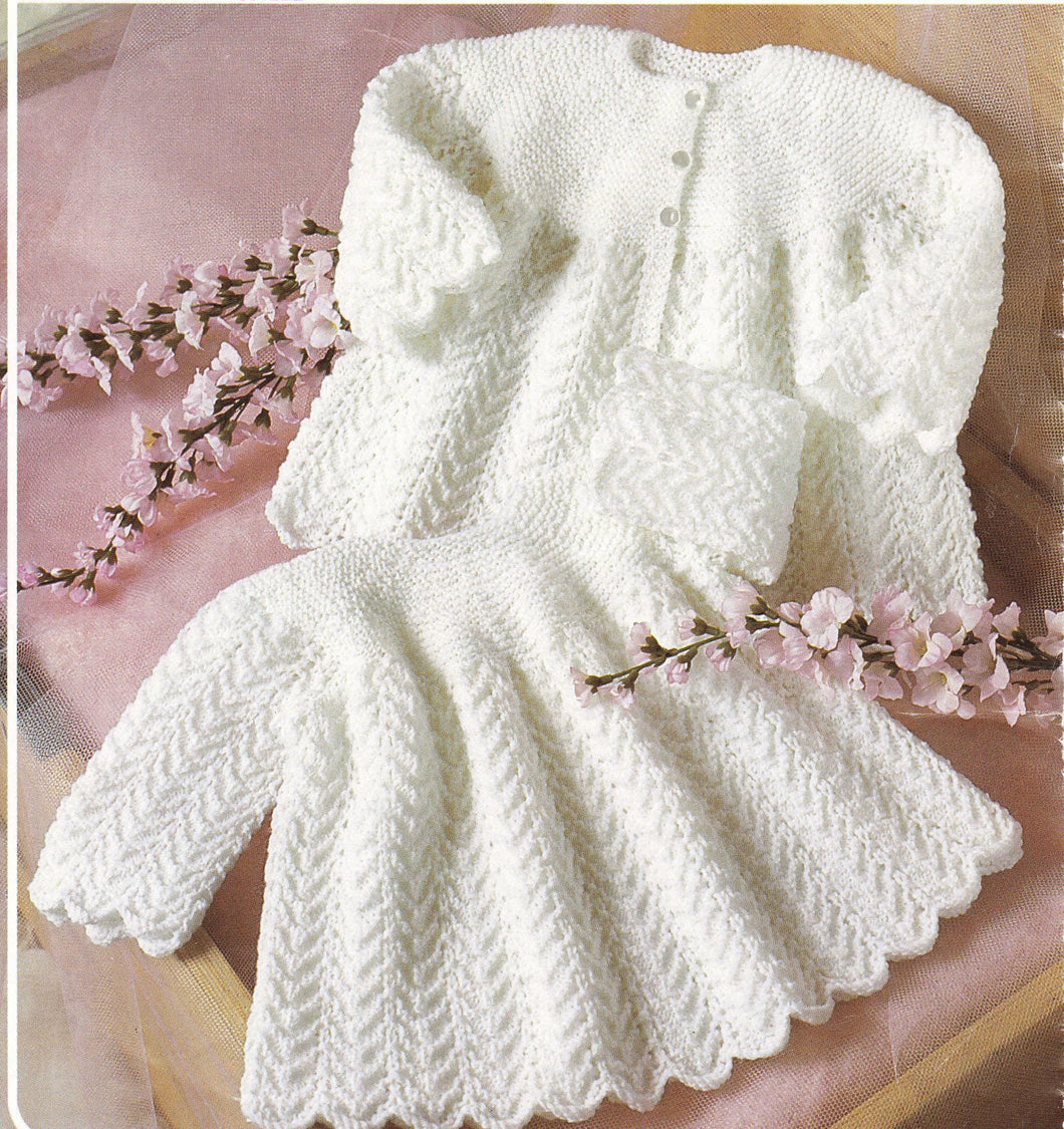 Baby Girl Yoked Dress & Cardigan wavy borders- 4 Ply -DK 8ply versions Knitting pattern - fits 16 - 20