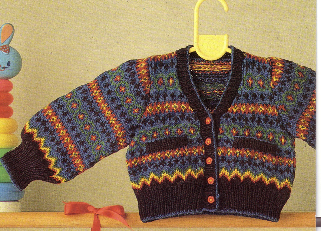 Child's Fair Isle Cardigan 8 Waistcoat- sleeveless ~medium weight cotton yarn  needed- fits 53 cm - 68 cm Knitting pattern -Download PDF