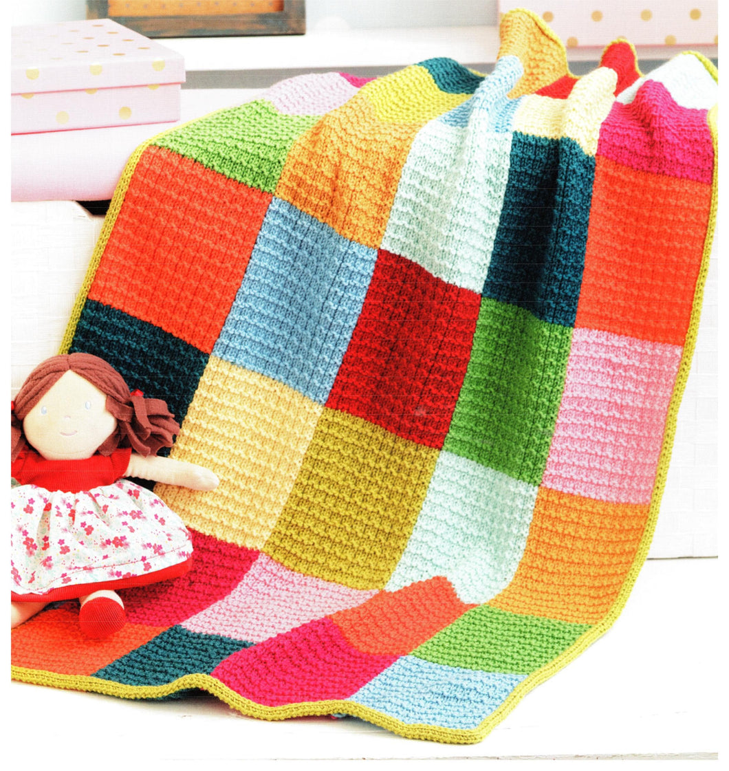 Colour Patchwork Blanket/ Afghan/ Throw Knitted  In DK-8ply Light worsted wool -knitting Pattern Download pdf finished size 26 x 41 