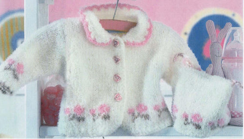 Baby Rosebud Jacket-cardigan jacket, Hat- Sizes fit from 1 Month - 18 months- Knitting pattern Download PDF- see images for more information