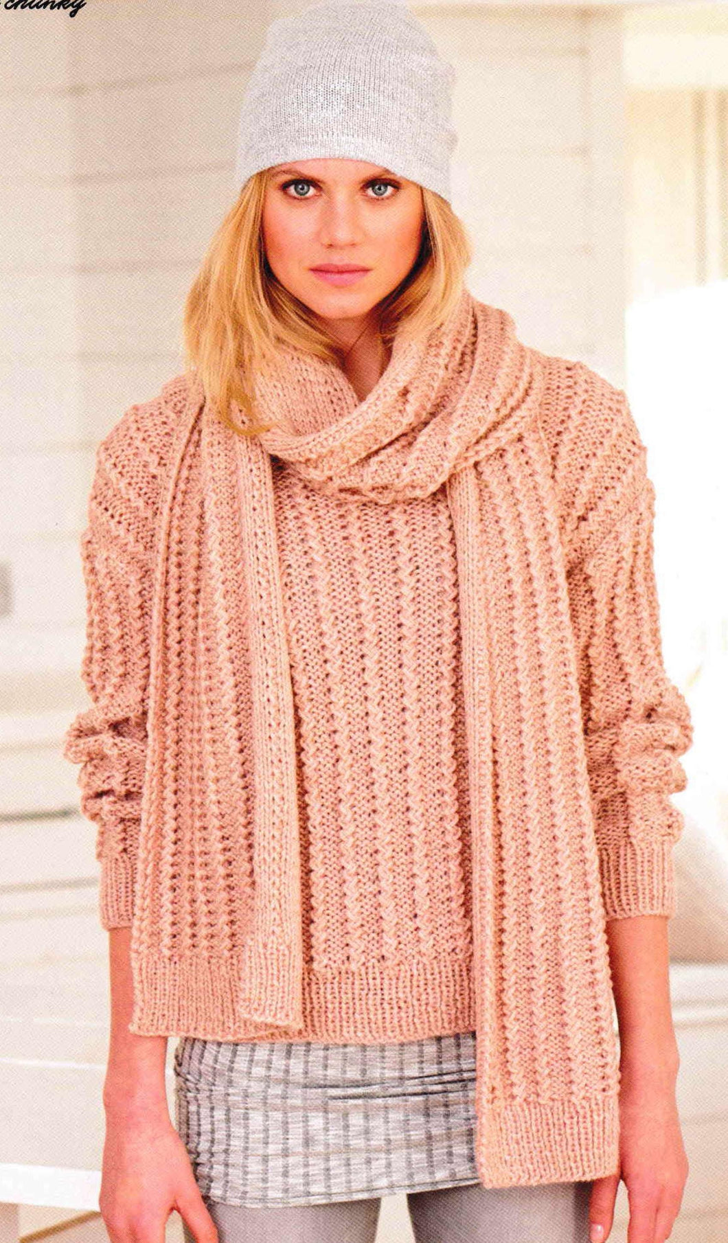 Woman's Textured Cable Sweater & Scarf In Chunky Bulky 12 ply Yarn-  32