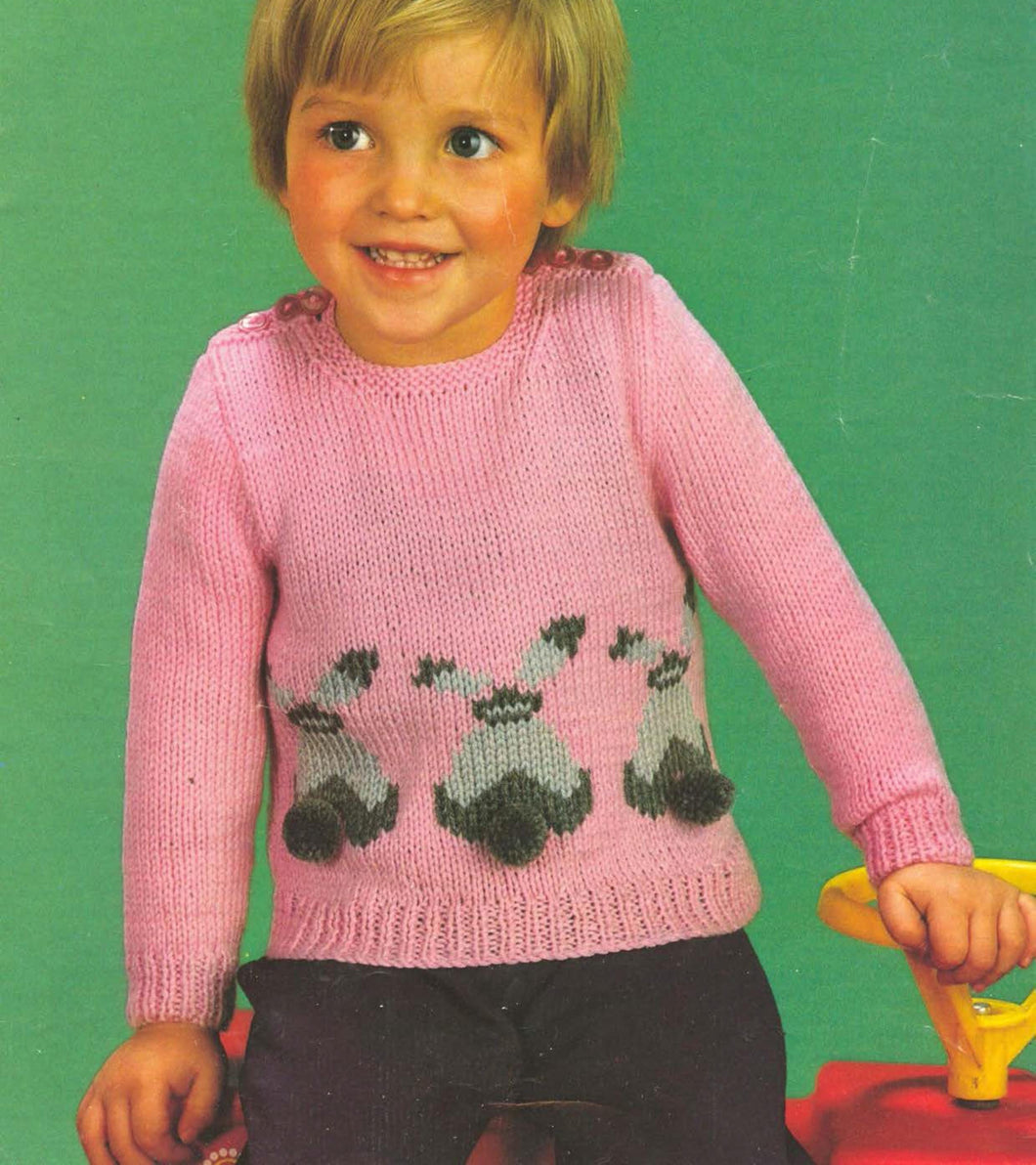 Childs Bunny Rabbit Sweater- with pom pom tail- DK- 8ply Light worsted wool-chest 18