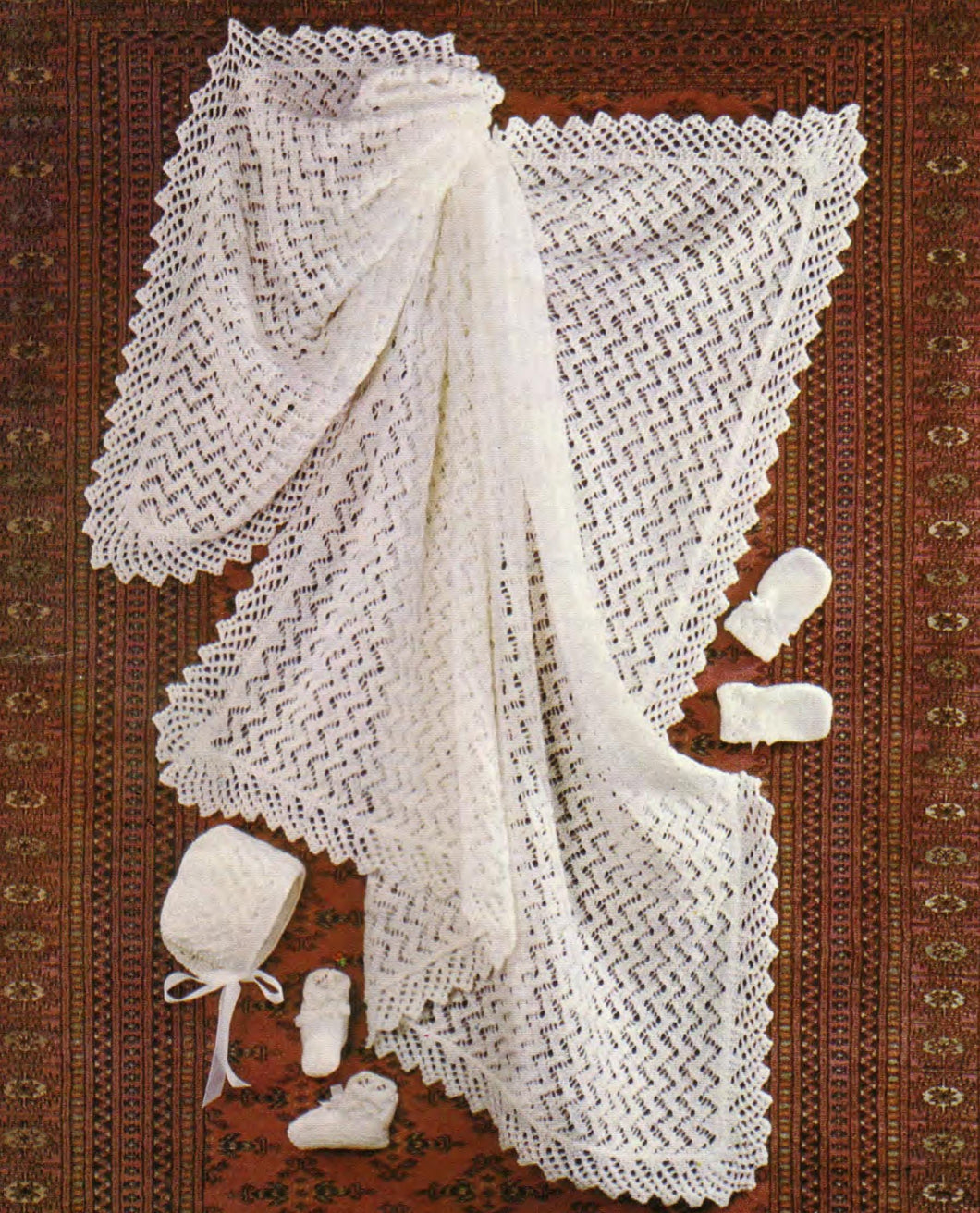 Baby Lacy Shawl- Bootees & Bonnet- Shawl measures 43
