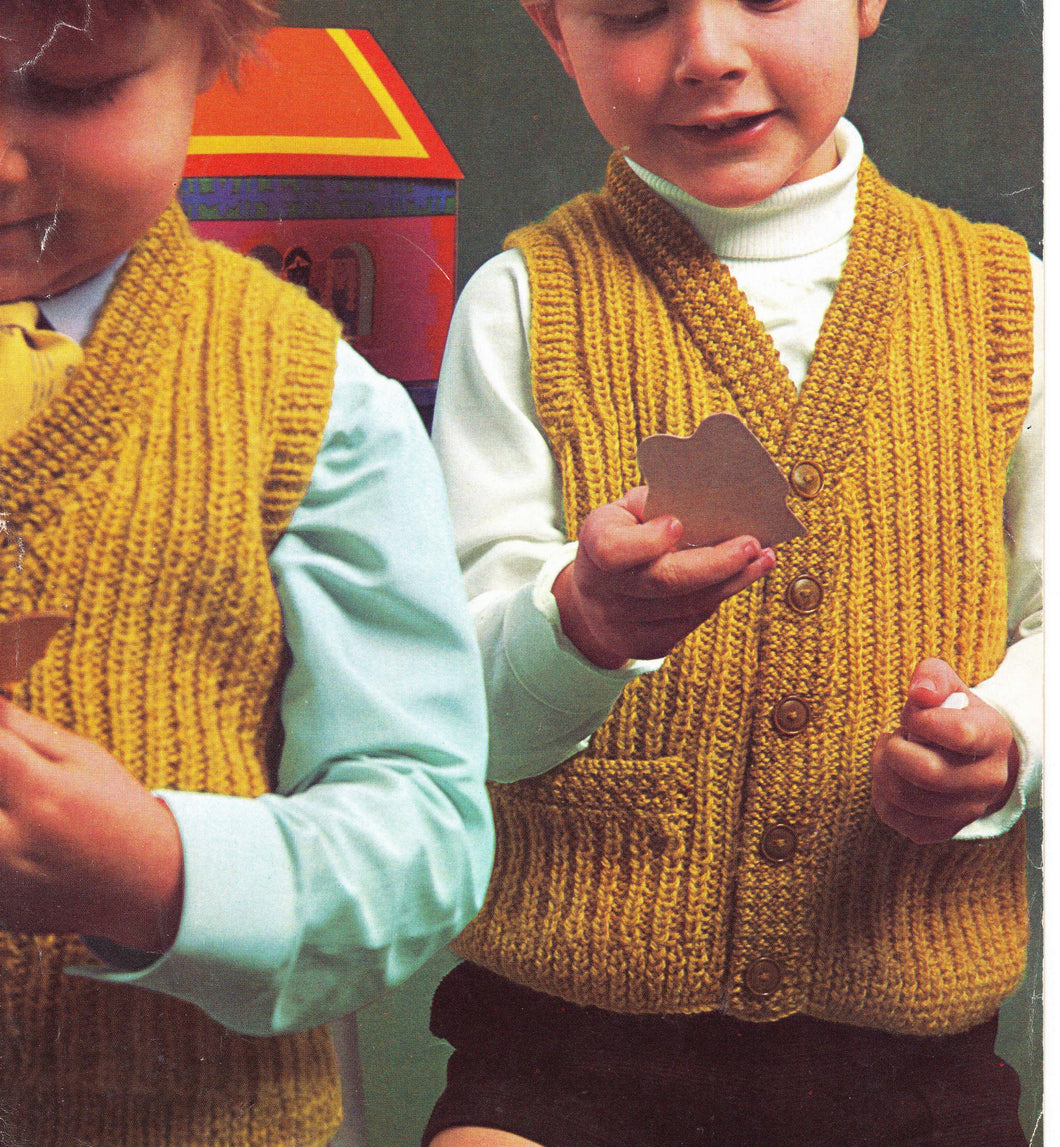 Boy's Ribbed Waistcoat, V neck With Pockets 24 -28  knitting pattern- DK 8 Ply Light worsted yarn- Download PDF Vintage Knitting pattern