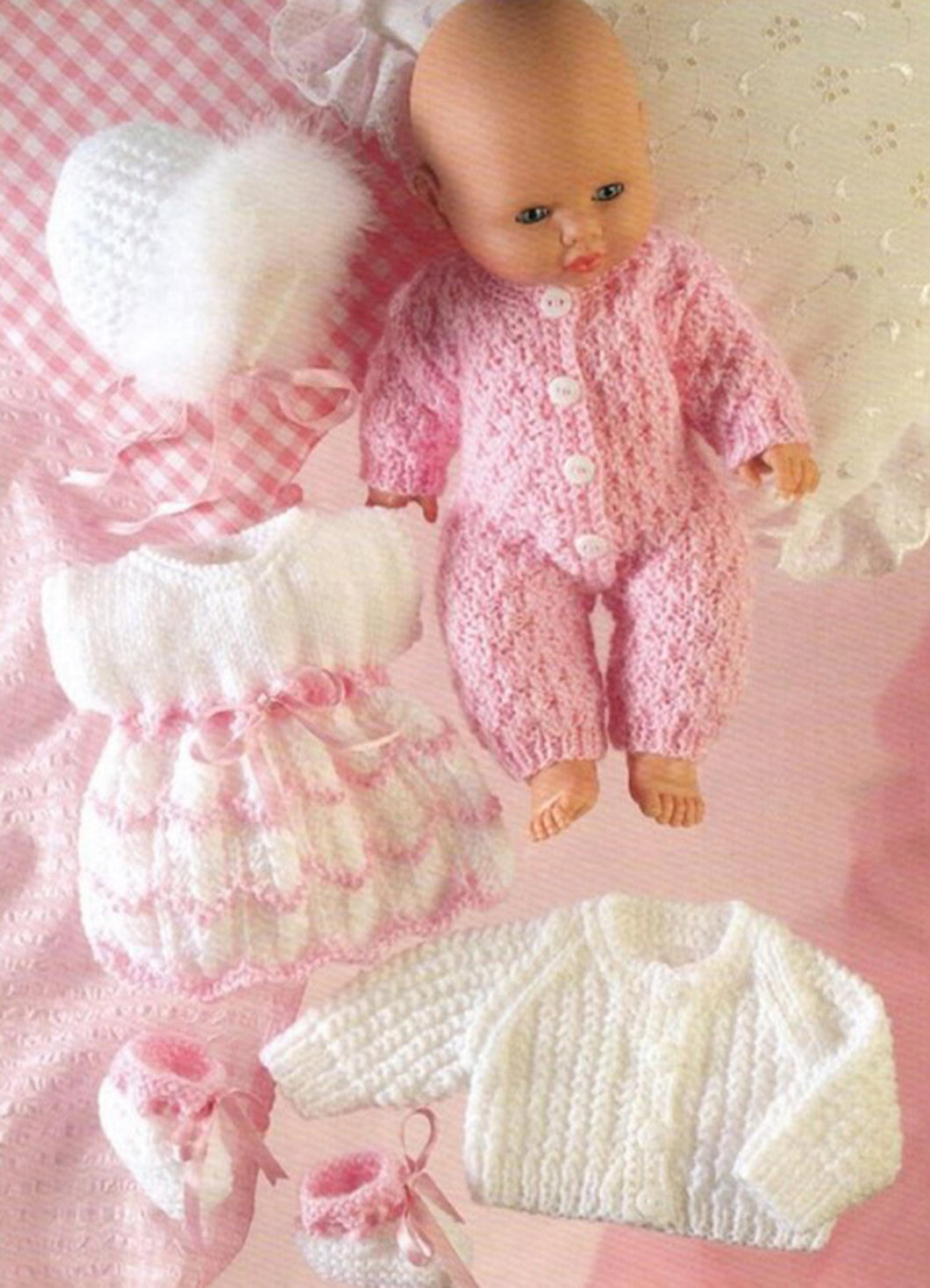Baby Dolls Dress Bootees All in One Jacket Bonnet Dolls Clothes Outfit 14 inch Doll ~DK 8 Ply Light Worsted Knitting Pattern PDF download