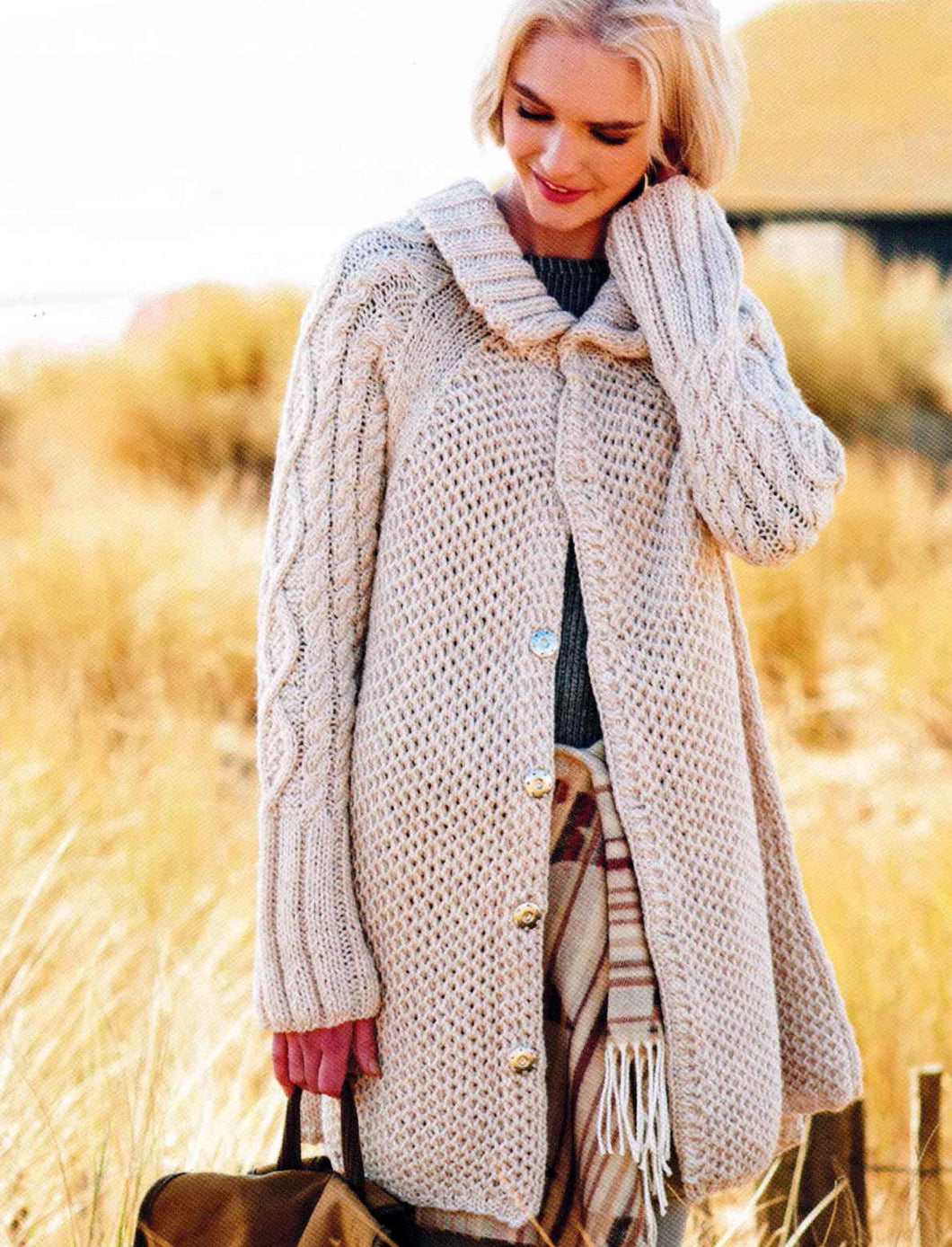 Woman's Chunky Cable Textured Coat with Collar & pleated back - Chunky Bulky 12 ply yarn- chest 32