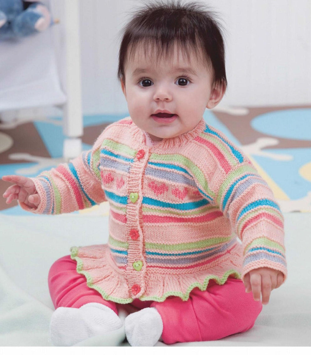 Baby Stripes and Hearts Cardigan with frilled border- 4 Ply Fingering wool Birth- 18 Months (41cm -56cm) Knitting pattern download pdf