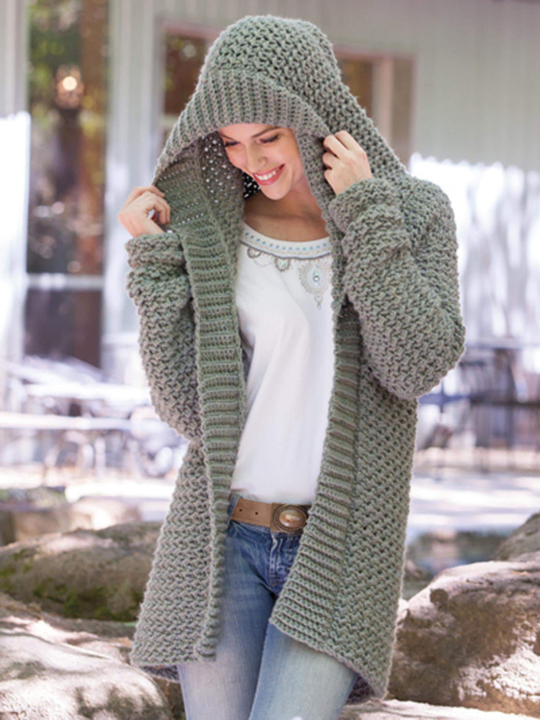 Crochet Hooded Hoodie Sweater Coat Jacket Womens 36