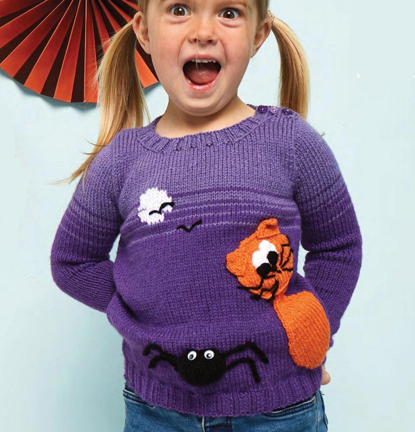 Girls Cat and Spider Halloween Sweater -Set in sleeve - Applique pieces  (1-9 Years ) DK / Light worsted /8ply Download knitting pattern PDF