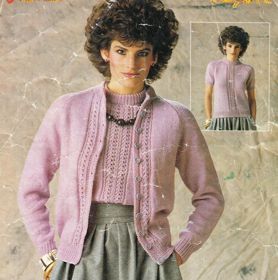 Womens round Neck Short sleeve Sweater Top & Cardigan- Twin set Cable border pattern   32