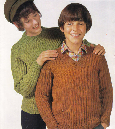 Boys Sweaters- Rib pattern- V & round neck versions in DK 8Ply Light worsted wool size 32 - 36 chest Knitting Pattern Download PDF Vintage